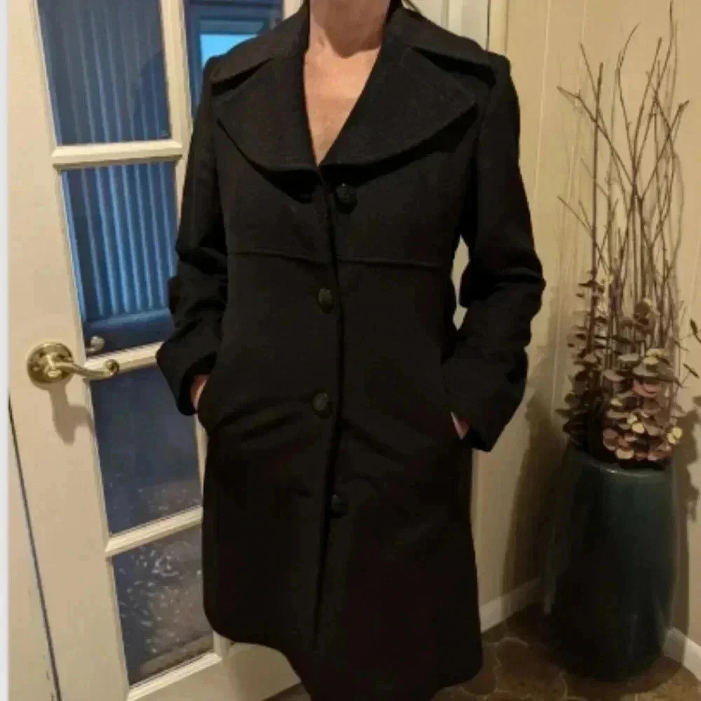 Jones New York Long Black 100% wool Pea Coat 6P petite